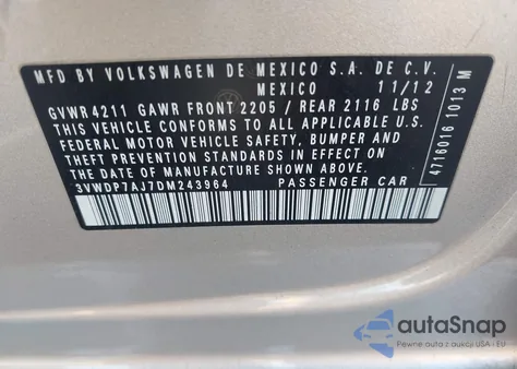 2013 Volkswagen Jetta 2.5L Se z USA, uszkodzony, nr VIN 3VWDP7AJ7DM243964